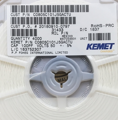 C0805C101J5GACTU 100pF 50V C0G/NP0 0805 সিরামিক ক্যাপাসিটর ±5% সহনশীলতা উচ্চ ফ্রিকোয়েন্সি স্থিতিশীলতা অতি-নিম্ন ESR উচ্চ Q মান এবং টেপ & রোল প্যাকেজিং যথার্থ সার্কিট জন্য
