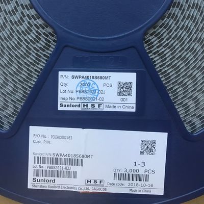 SWPA4018S680MT 68μH পাওয়ার ইন্ডাক্টর 20% সহনশীলতা সহ 4018 আকার 1.24A স্যাট বর্তমান 1.15A টেম্প রাইজ বর্তমান ঢালাই নির্মাণ -40 °C থেকে 125 °C পরিসীমা RoHS অনুগত টেপ and রিল প্যাকেজিং